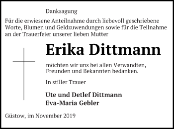 Traueranzeige von Erika Dittmann von Prenzlauer Zeitung