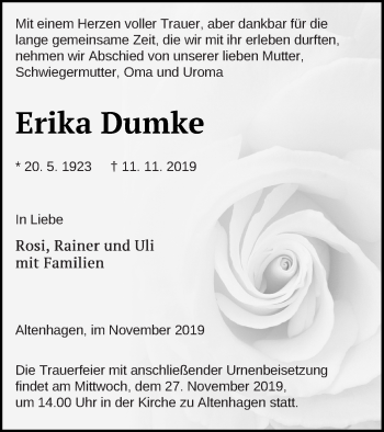 Traueranzeige von Erika Dumke von Neubrandenburger Zeitung