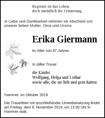 Traueranzeige von Erika Giermann von Haff-Zeitung