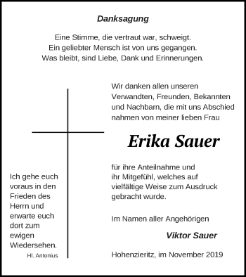 Traueranzeige von Erika Sauer von Strelitzer Zeitung