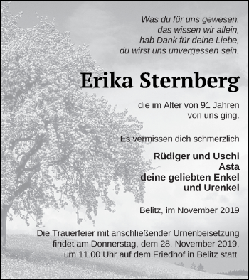 Traueranzeige von Erika Sternberg von Mecklenburger Schweiz