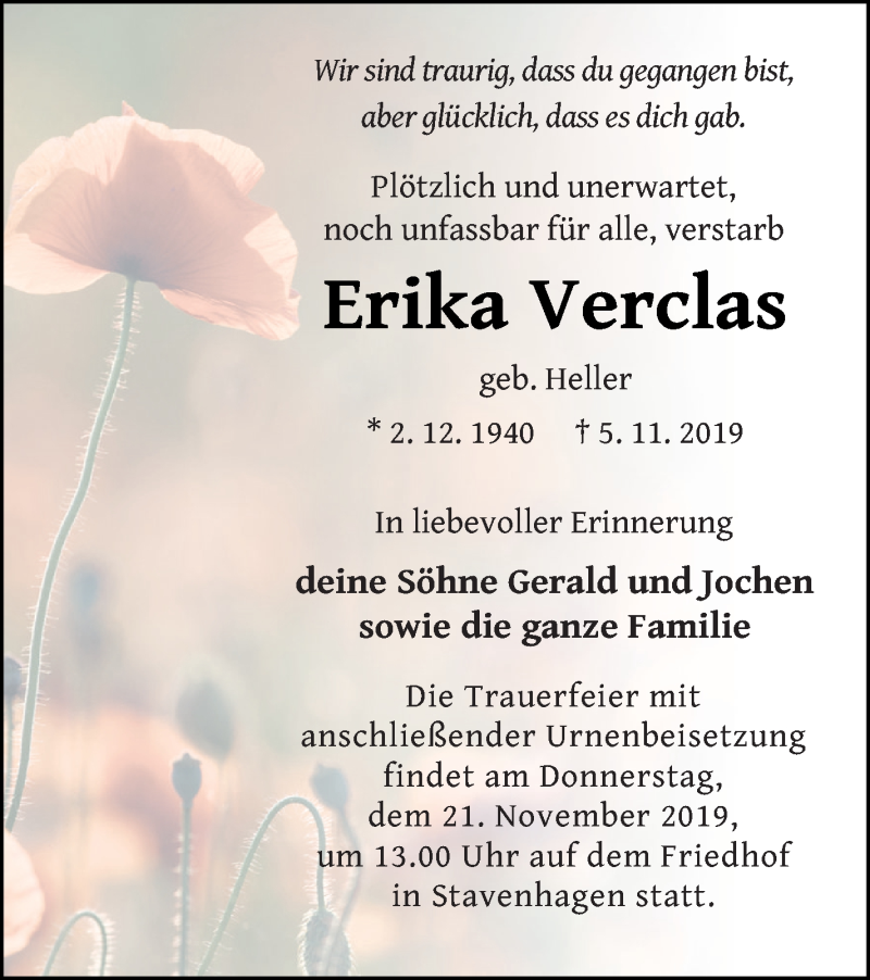  Traueranzeige für Erika Verclas vom 09.11.2019 aus Mecklenburger Schweiz