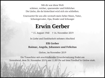 Traueranzeige von Erwin Gerber von Mecklenburger Schweiz