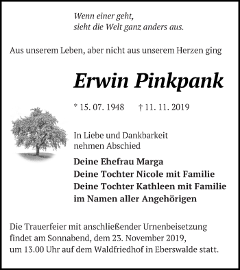 Traueranzeige von Erwin Pinkpank von Templiner Zeitung