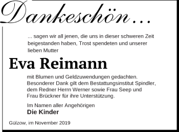 Traueranzeige von Eva Reimann von Mecklenburger Schweiz