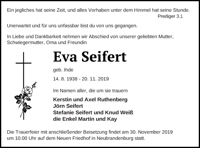  Traueranzeige für Eva Seifert vom 26.11.2019 aus Neubrandenburger Zeitung
