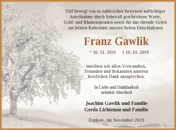 Traueranzeige von Franz Gawlik von Müritz-Zeitung