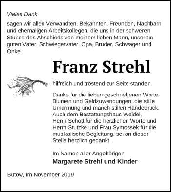 Traueranzeige von Franz Strehl von Müritz-Zeitung