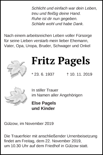 Traueranzeige von Fritz Pagels von Mecklenburger Schweiz