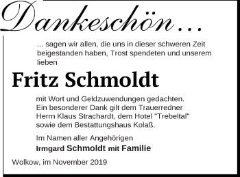 Traueranzeige von Fritz Schmoldt von Demminer Zeitung