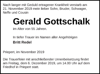 Traueranzeige von Gerald Gottschalk von Strelitzer Zeitung