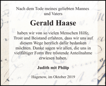 Traueranzeige von Gerald Haase von Hagenower Kreisblatt