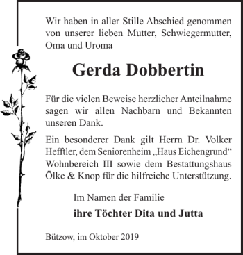 Traueranzeige von Gerda Dobbertin von Bützower Zeitung