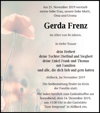 Traueranzeige von Gerda Frenz von Haff-Zeitung