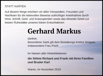 Traueranzeige von Gerhard Markus von Müritz-Zeitung