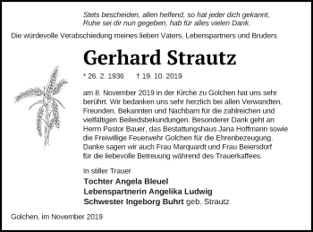 Traueranzeige von Gerhard Strautz von Neubrandenburger Zeitung