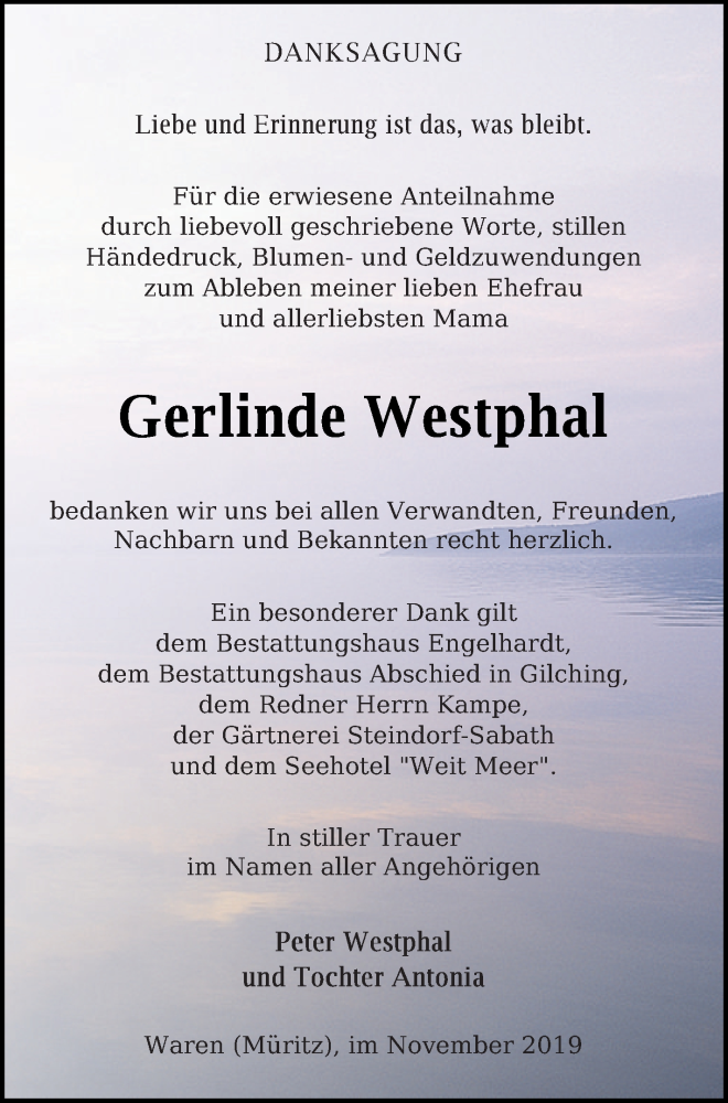  Traueranzeige für Gerlinde Westphal vom 08.11.2019 aus Müritz-Zeitung