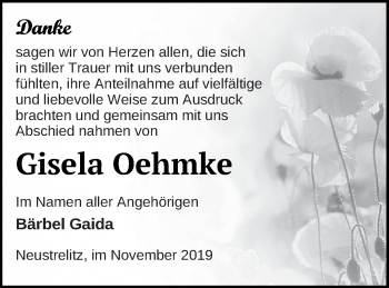 Traueranzeige von Gisela Oehmke von Strelitzer Zeitung