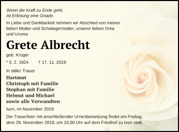 Traueranzeige von Grete Albrecht von Vorpommern Kurier