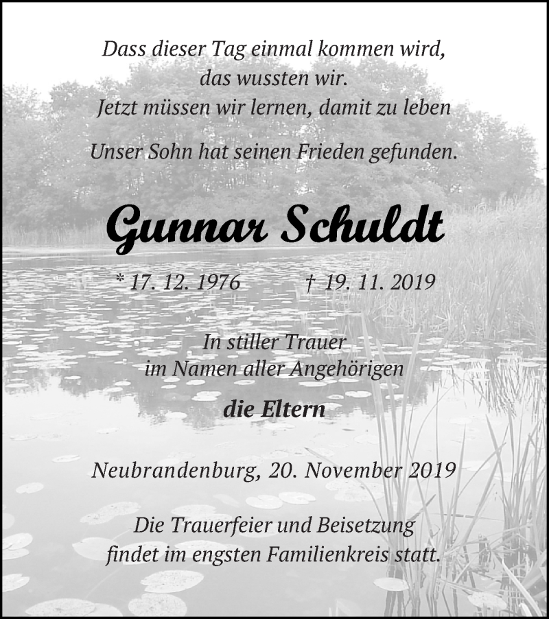  Traueranzeige für Gunnar Schuldt vom 29.11.2019 aus Neubrandenburger Zeitung
