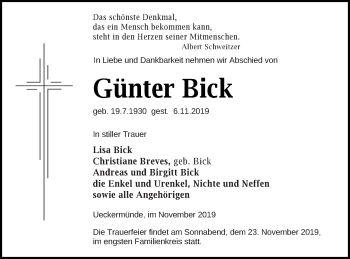 Traueranzeige von Günter Bick von Haff-Zeitung