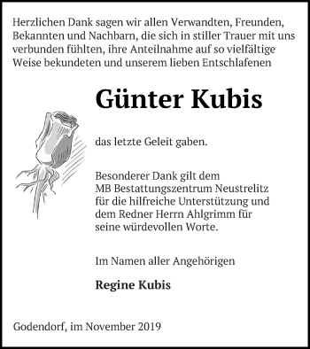 Traueranzeige von Günter Kubis von Strelitzer Zeitung