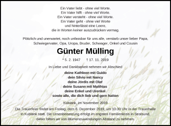 Traueranzeige von Günter Mülling von Strelitzer Zeitung