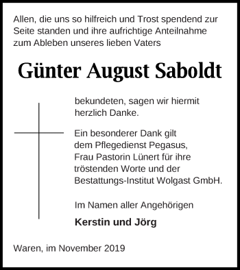 Traueranzeige von Günter August Saboldt von Müritz-Zeitung