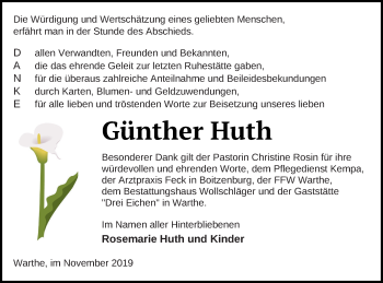 Traueranzeige von Günther Huth von Templiner Zeitung