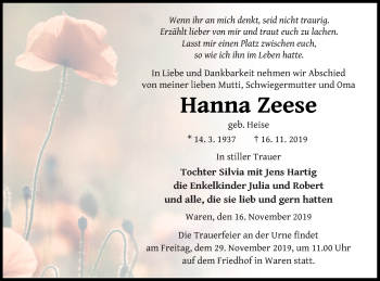 Traueranzeige von Hanna Zeese von Müritz-Zeitung