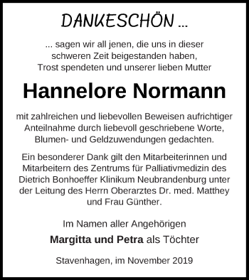 Traueranzeige von Hannelore Normann von Mecklenburger Schweiz