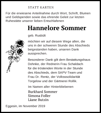 Traueranzeige von Hannelore Sommer von Haff-Zeitung