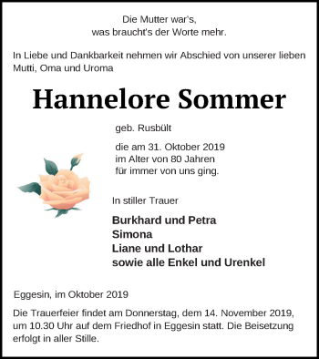 Traueranzeige von Hannelore Sommer von Haff-Zeitung