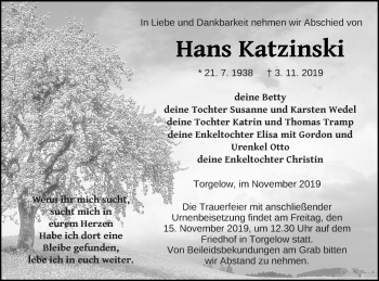 Traueranzeige von Hans Katzinski von Haff-Zeitung