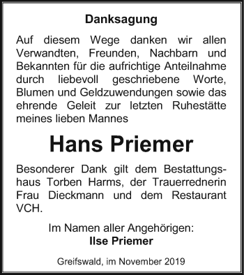 Traueranzeige von Hans Priemer von Vorpommern Kurier