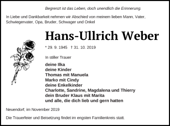 Traueranzeige von Hans-Ullrich Weber von Neubrandenburger Zeitung