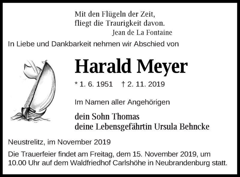  Traueranzeige für Harald Meyer vom 06.11.2019 aus Müritz-Zeitung