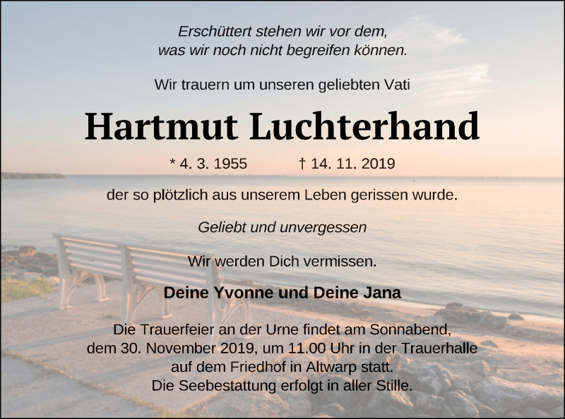  Traueranzeige für Hartmut Luchterhand vom 22.11.2019 aus Haff-Zeitung