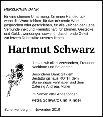 Traueranzeige von Hartmut Schwarz von Prenzlauer Zeitung