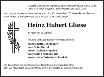 Traueranzeige von Heinz Hubert Gliese von Prenzlauer Zeitung