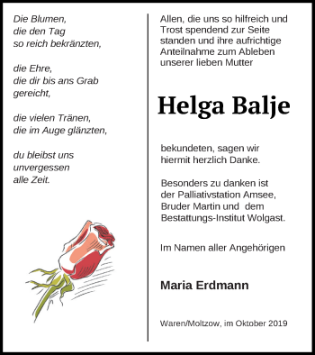 Traueranzeige von Helga Balje von Müritz-Zeitung