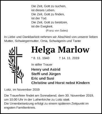 Traueranzeige von Helga Marlow von Vorpommern Kurier