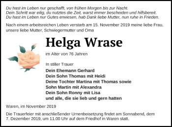 Traueranzeige von Helga Wrase von Müritz-Zeitung