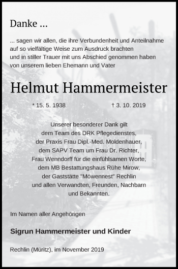 Traueranzeige von Helmut Hammermeister von Müritz-Zeitung