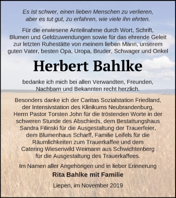 Traueranzeige von Herbert Bahlke von Neubrandenburger Zeitung