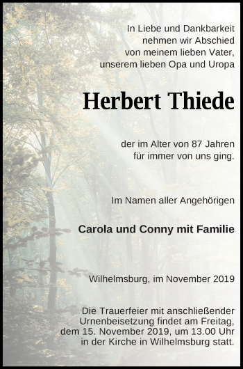 Traueranzeige von Herbert Thiede von Haff-Zeitung