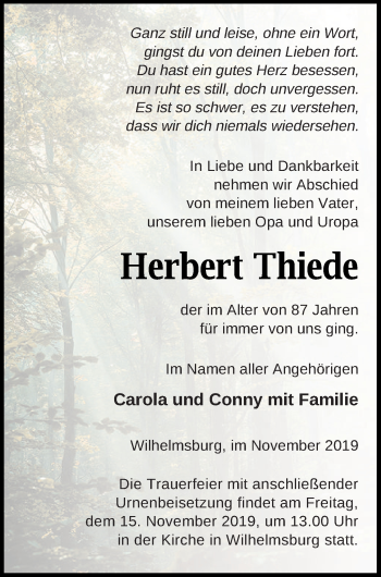 Traueranzeige von Herbert Thiede von Haff-Zeitung