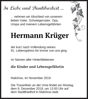 Traueranzeige von Hermann Krüger von Müritz-Zeitung