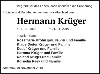 Traueranzeige von Hermann Krüger von Vorpommern Kurier