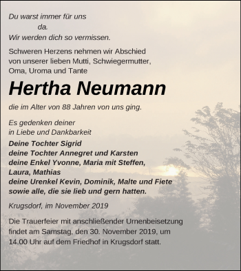 Traueranzeige von Hertha Neumann von Pasewalker Zeitung